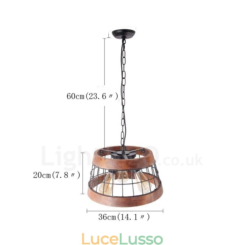Lampadario in legno vintage a 3 luci, stile industriale, a sospensione lineare in legno, stile loft