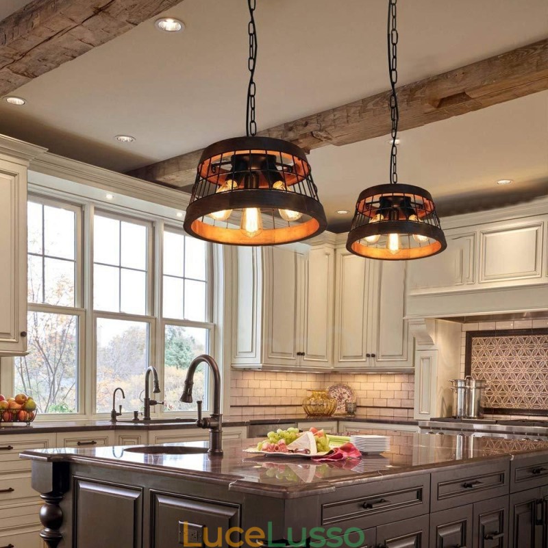 Lampadario in legno vintage a 3 luci, stile industriale, a sospensione lineare in legno, stile loft
