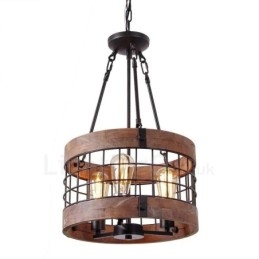 Lampadario in legno vintage a tamburo a 3 luci, stile industriale, stile loft, illuminazione a sospensione lineare in legno