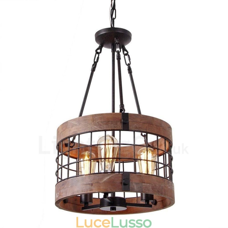 Lampadario in legno vintage a tamburo a 3 luci, stile industriale, stile loft, illuminazione a sospensione lineare in legno