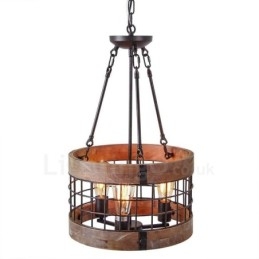 Lampadario in legno vintage a tamburo a 3 luci, stile industriale, stile loft, illuminazione a sospensione lineare in legno