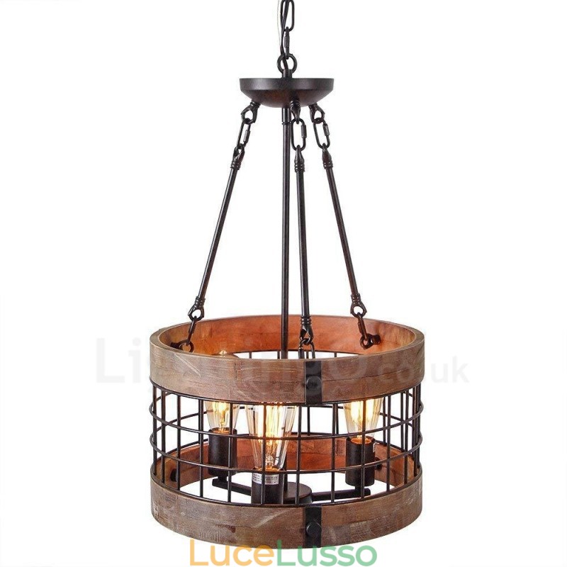 Lampadario in legno vintage a tamburo a 3 luci, stile industriale, stile loft, illuminazione a sospensione lineare in legno