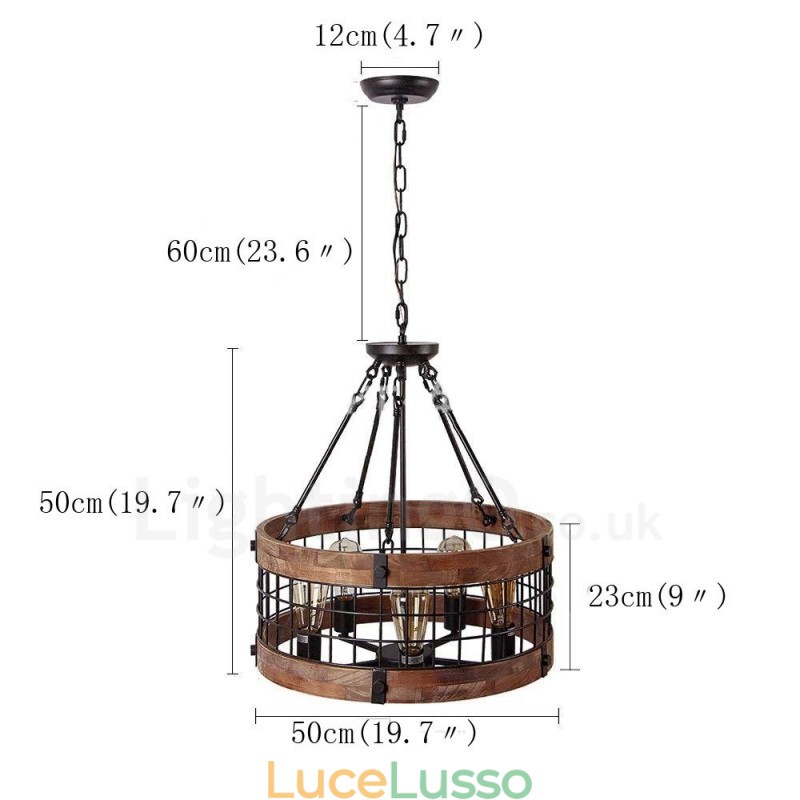 Lampadario in legno vintage a tamburo da 5 luci, stile industriale, stile loft, illuminazione a sospensione lineare in legno
