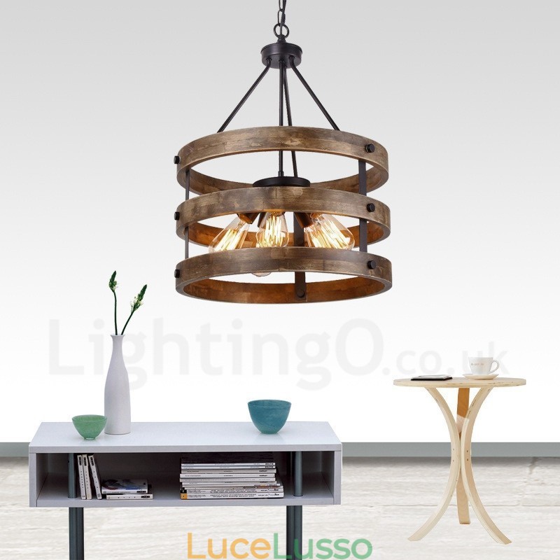 Lampadario in legno vintage a tamburo da 5 luci, stile industriale, stile loft, illuminazione a sospensione lineare in legno