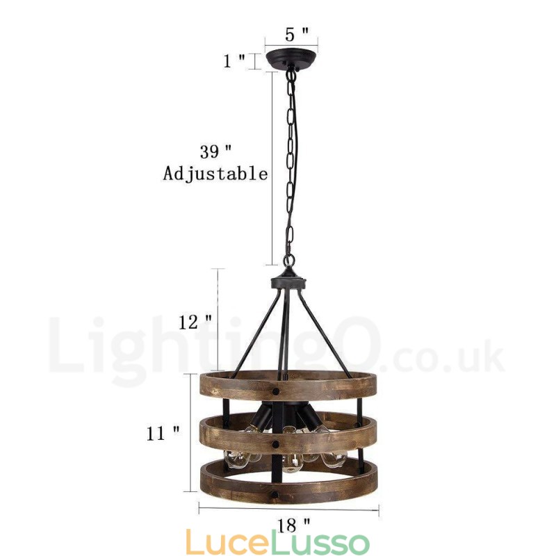 Lampadario in legno vintage a tamburo da 5 luci, stile industriale, stile loft, illuminazione a sospensione lineare in legno