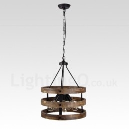 Lampadario in legno vintage a tamburo da 5 luci, stile industriale, stile loft, illuminazione a sospensione lineare in legno