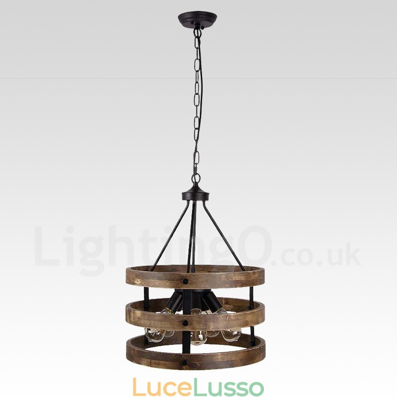 Lampadario in legno vintage a tamburo da 5 luci, stile industriale, stile loft, illuminazione a sospensione lineare in legno