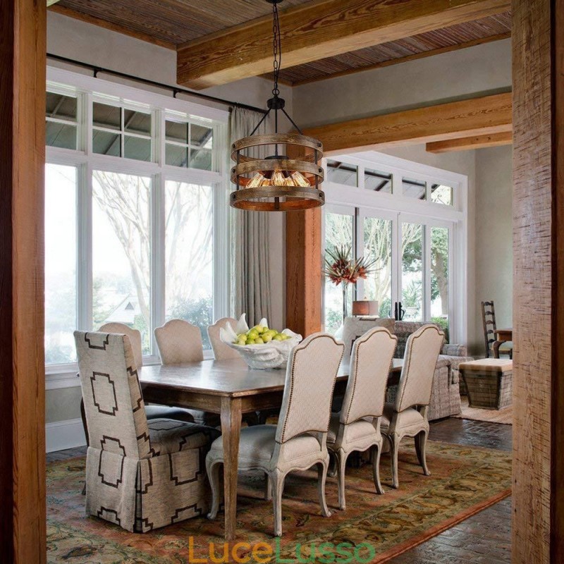 Lampadario in legno vintage a tamburo da 5 luci, stile industriale, stile loft, illuminazione a sospensione lineare in legno