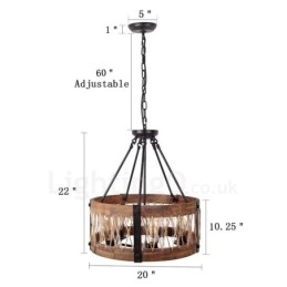 Lampadario in legno vintage a tamburo da 5 luci, stile industriale, stile loft, illuminazione a sospensione lineare in legno