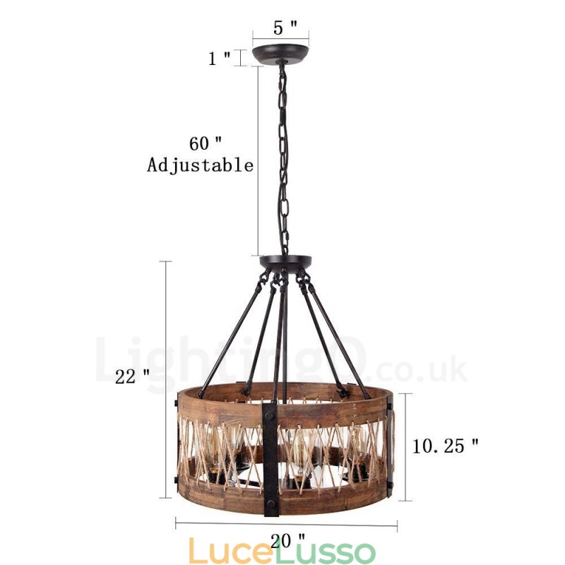 Lampadario in legno vintage a tamburo da 5 luci, stile industriale, stile loft, illuminazione a sospensione lineare in legno