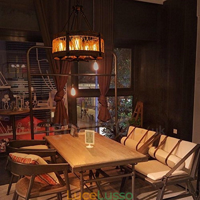 Lampadario in legno vintage a tamburo da 5 luci, stile industriale, stile loft, illuminazione a sospensione lineare in legno