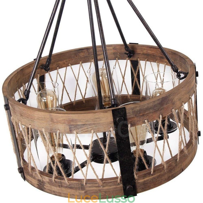Lampadario in legno vintage a tamburo da 5 luci, stile industriale, stile loft, illuminazione a sospensione lineare in legno