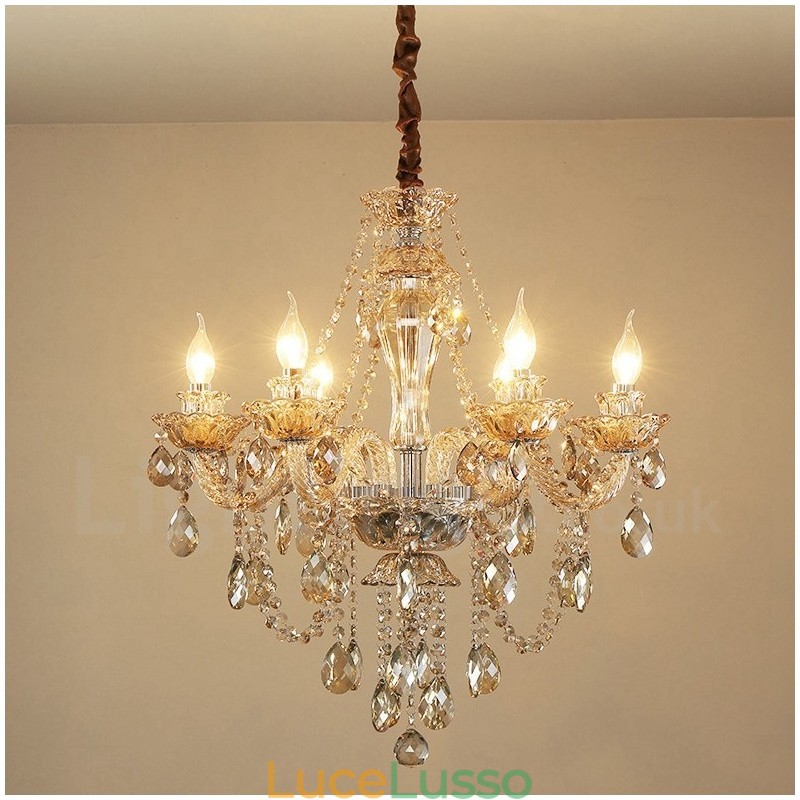 Lampadario elegante in cristallo color cognac con 6 luci