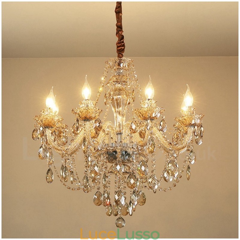 Lampadario elegante in cristallo color cognac con 8 luci