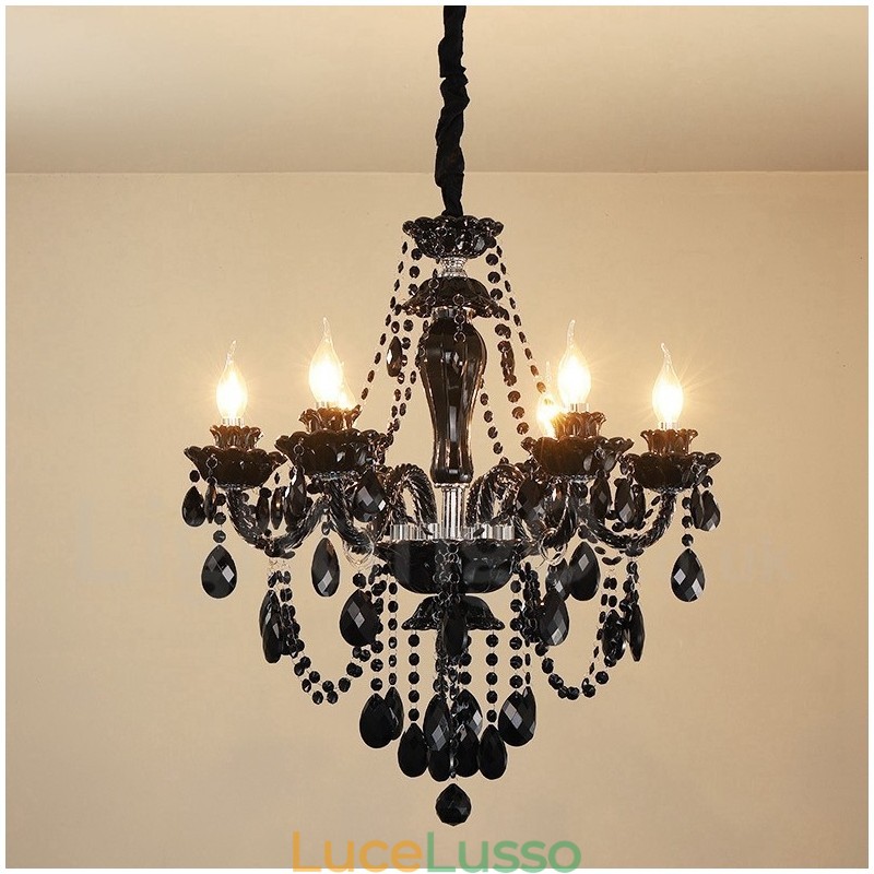 Lampadario a candela in cristallo nero elegante a 6 luci