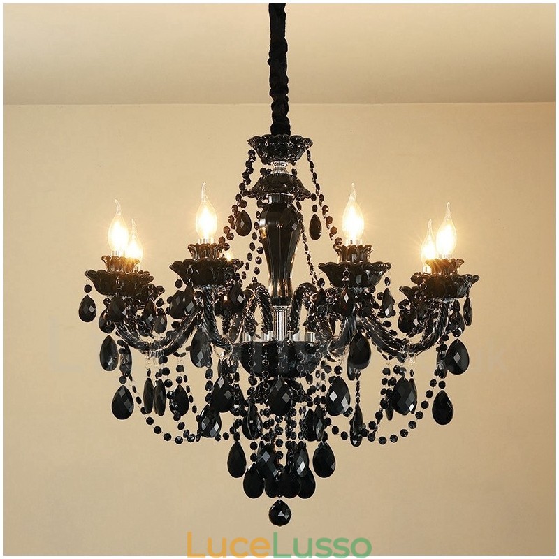 Lampadario a candela in cristallo nero elegante a 8 luci