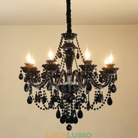 Lampadario a candela in cristallo nero elegante a 8 luci Lampadario a candela in cristallo nero elegante a 8 luci
