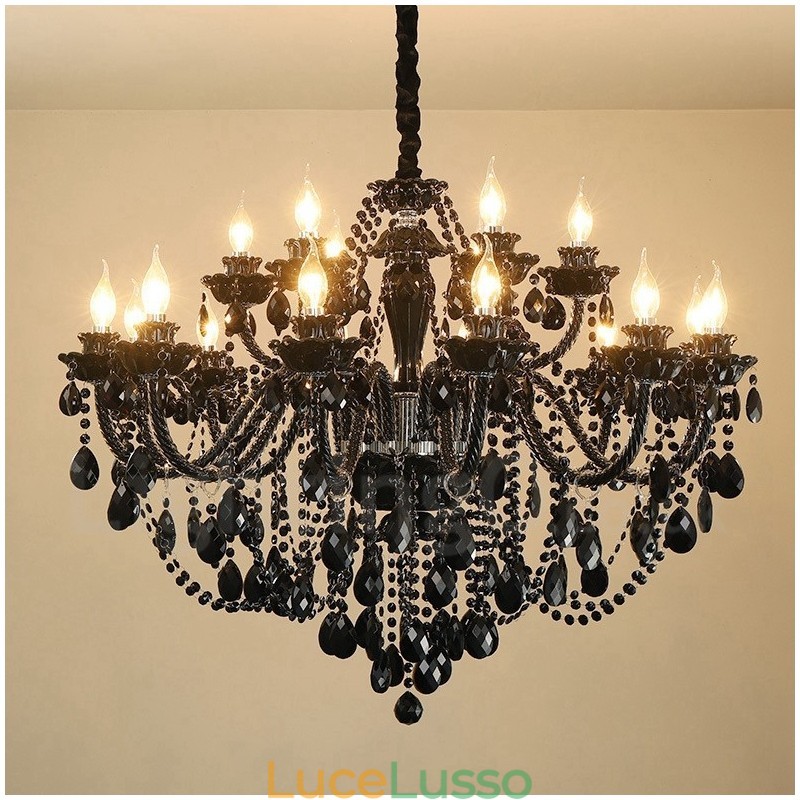 Lampadario a candela in cristallo nero elegante da 18 (12+6) luci