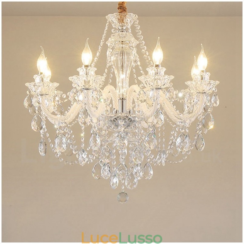 Lampadario a braccio bianco con candela in cristallo trasparente a 8 luci