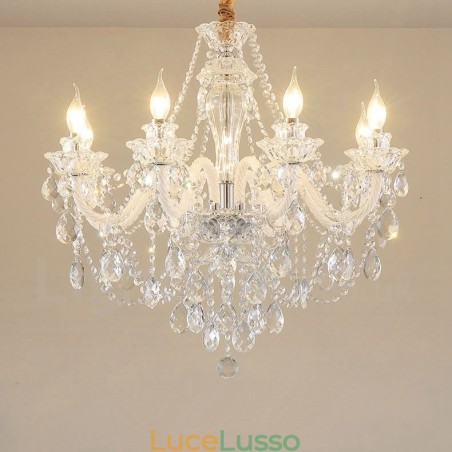 Lampadario a braccio bianco con candela in cristallo trasparente a 8 luci Lampadario a braccio bianco con candela in cristallo trasparente a 8 luci