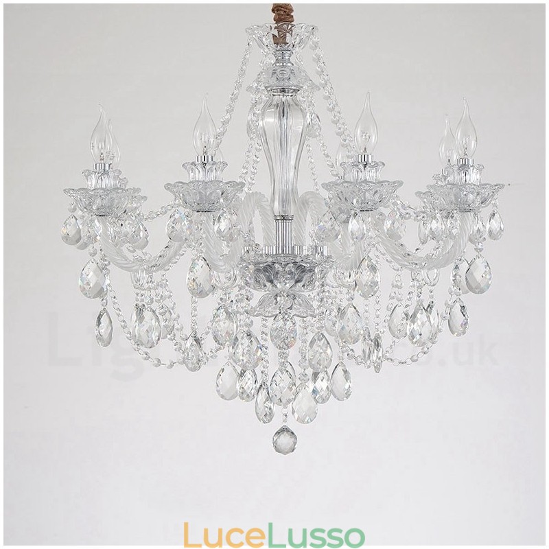 Lampadario a braccio bianco con candela in cristallo trasparente a 8 luci