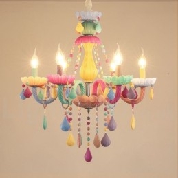 Lampadario Macaron a 6 luci con candela di cristallo multicolore in stile mini per bambini