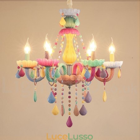 Lampadario Macaron a 6 luci con candela di cristallo multicolore in stile mini per bambini Lampadario Macaron a 6 luci con candela di cristallo multicolore in stile mini per bambini