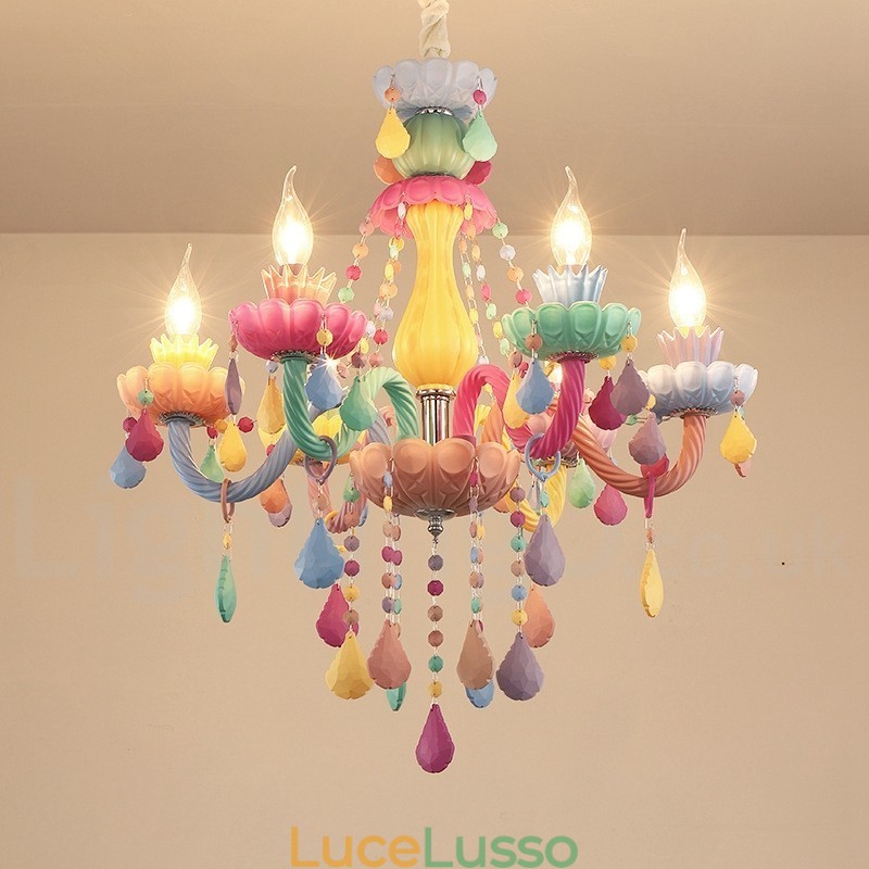 Lampadario Macaron a 6 luci con candela di cristallo multicolore in stile mini per bambini