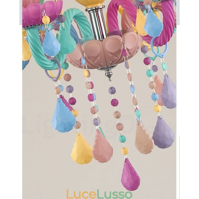 Lampadario Macaron a 6 luci con candela di cristallo multicolore in stile mini per bambini