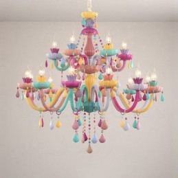 Lampadario Macaron 18 (12+6) luci con candela di cristallo multicolore in stile mini per bambini