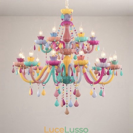 Lampadario Macaron 18 (12+6) luci con candela di cristallo multicolore in stile mini per bambini Lampadario Macaron 18 (12+6) luci con candela di cristallo multicolore in stile mini per bambini