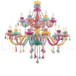 Lampadario Macaron 18 (12+6) luci con candela di cristallo multicolore in stile mini per bambini