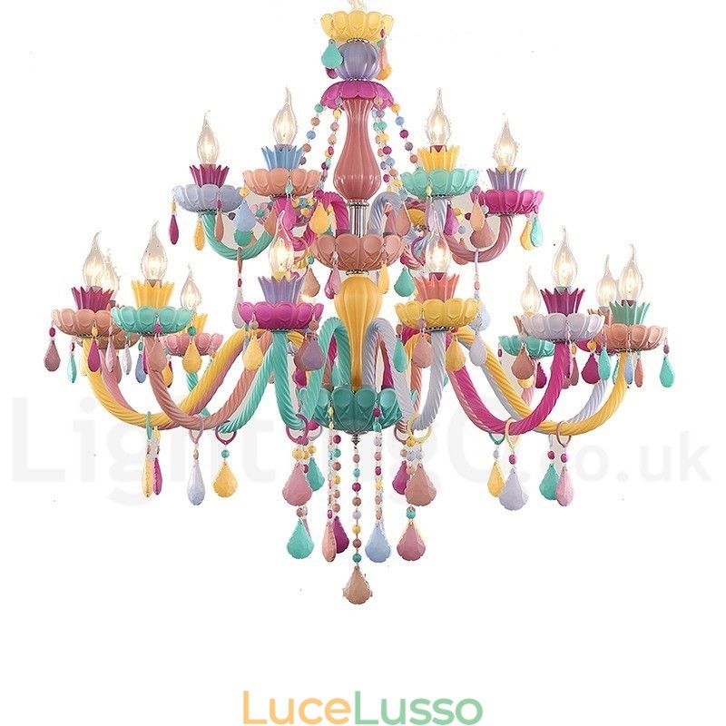 Lampadario Macaron 18 (12+6) luci con candela di cristallo multicolore in stile mini per bambini