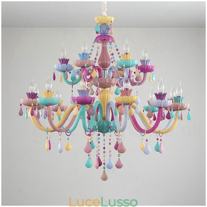 Lampadario Macaron 18 (12+6) luci con candela di cristallo multicolore in stile mini per bambini