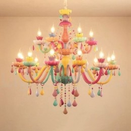 Lampadario Macaron 18 (12+6) luci con candela di cristallo multicolore in stile mini per bambini