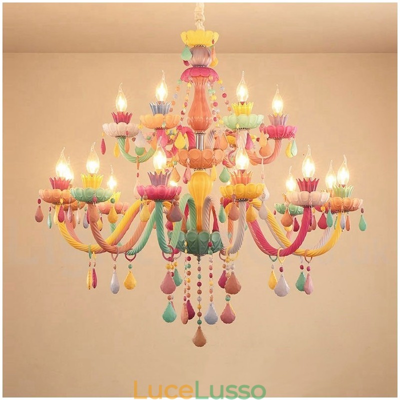 Lampadario Macaron 18 (12+6) luci con candela di cristallo multicolore in stile mini per bambini