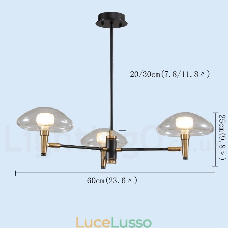 Lampadario a 3 luci in stile mini con finitura verniciata elettrolitica e paralumi in vetro