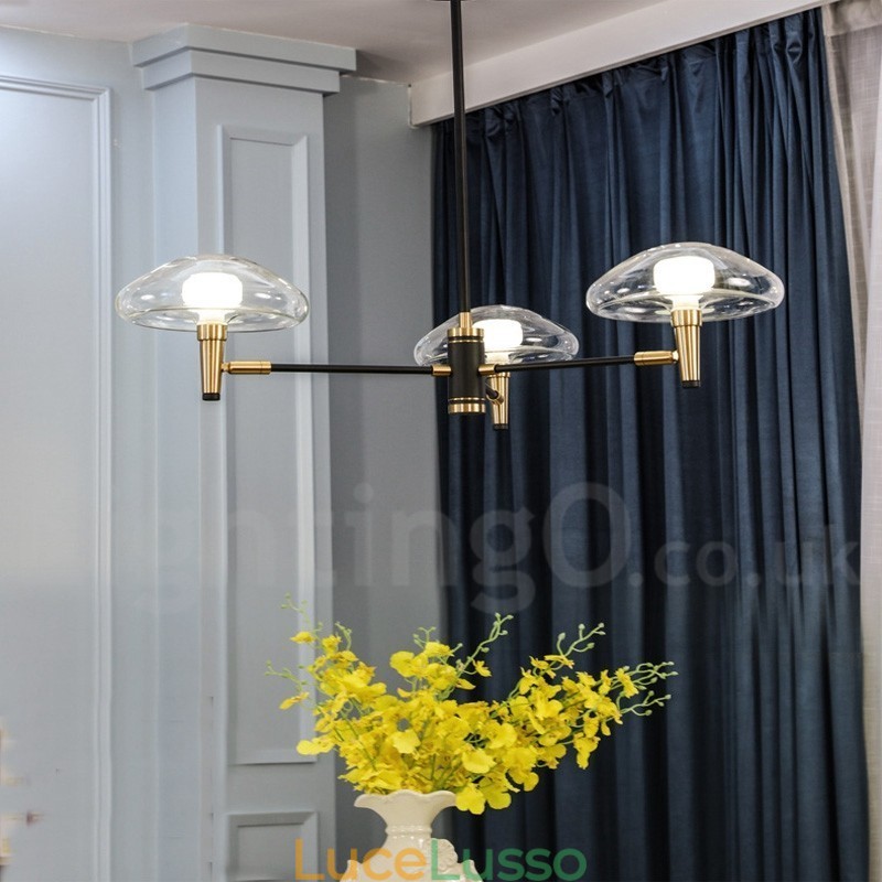 Lampadario a 3 luci in stile mini con finitura verniciata elettrolitica e paralumi in vetro