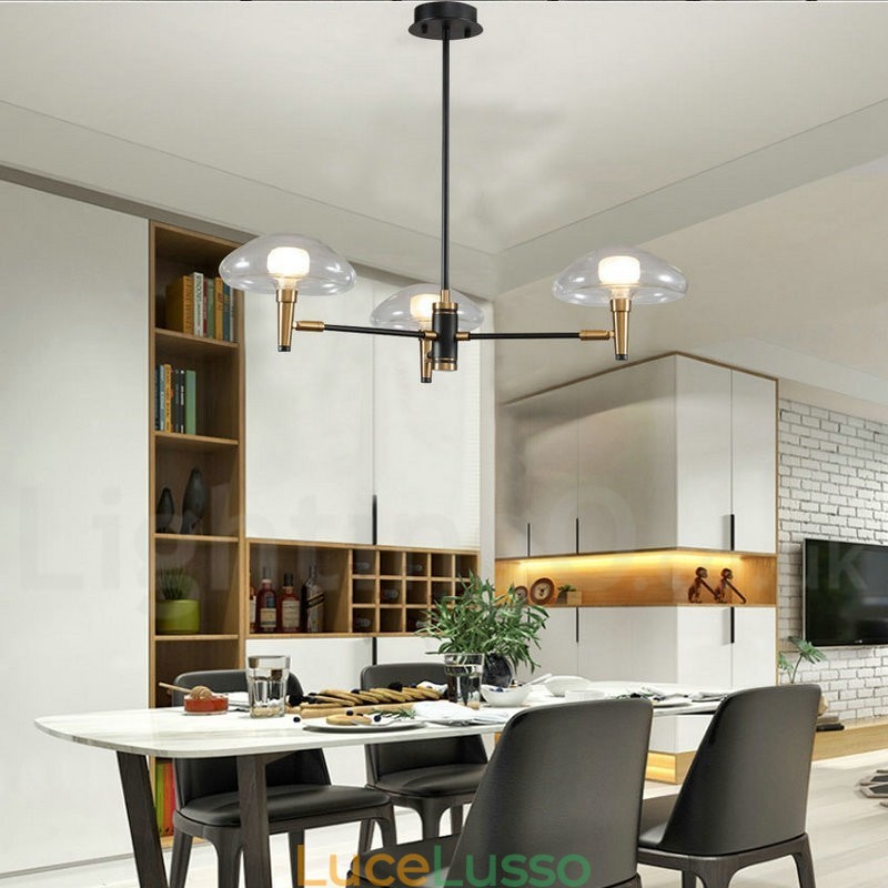 Lampadario a 3 luci in stile mini con finitura verniciata elettrolitica e paralumi in vetro