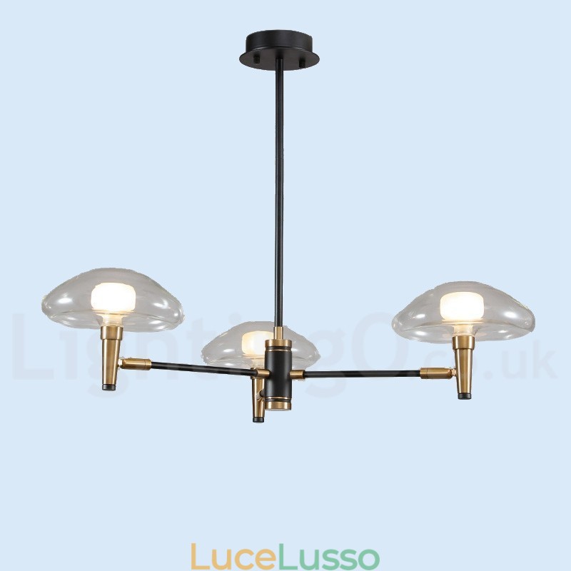 Lampadario a 3 luci in stile mini con finitura verniciata elettrolitica e paralumi in vetro