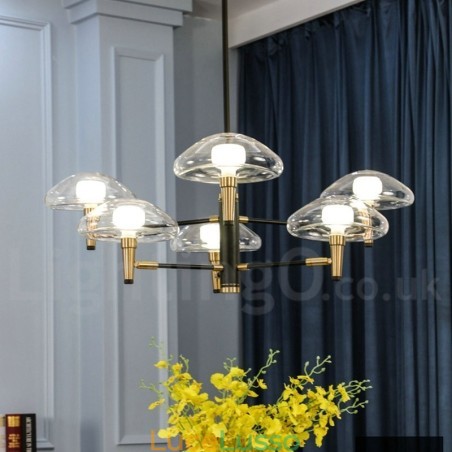 Lampadario a 6 luci con finitura verniciata elettrolitica e paralumi in vetro Lampadario a 6 luci con finitura verniciata elettrolitica e paralumi in vetro