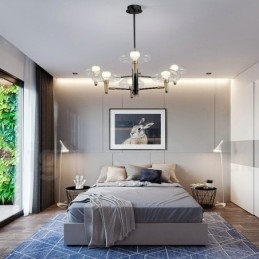 Lampadario a 6 luci con finitura verniciata elettrolitica e paralumi in vetro
