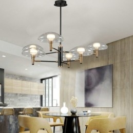 Lampadario a 6 luci con finitura verniciata elettrolitica e paralumi in vetro