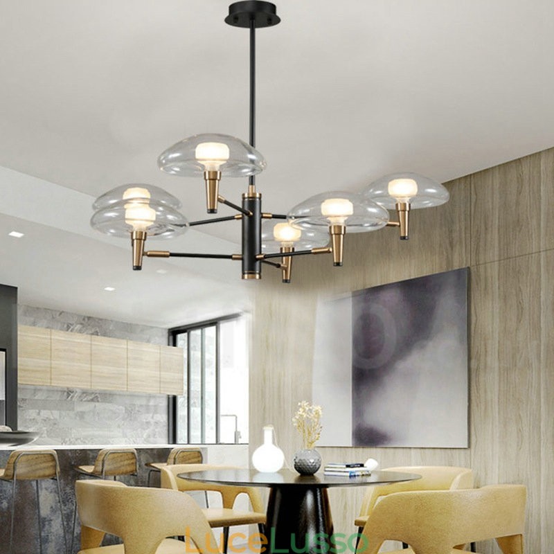 Lampadario a 6 luci con finitura verniciata elettrolitica e paralumi in vetro