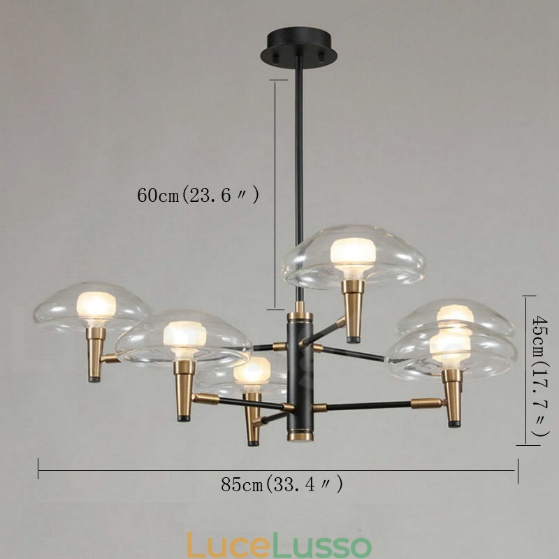 Lampadario a 6 luci con finitura verniciata elettrolitica e paralumi in vetro