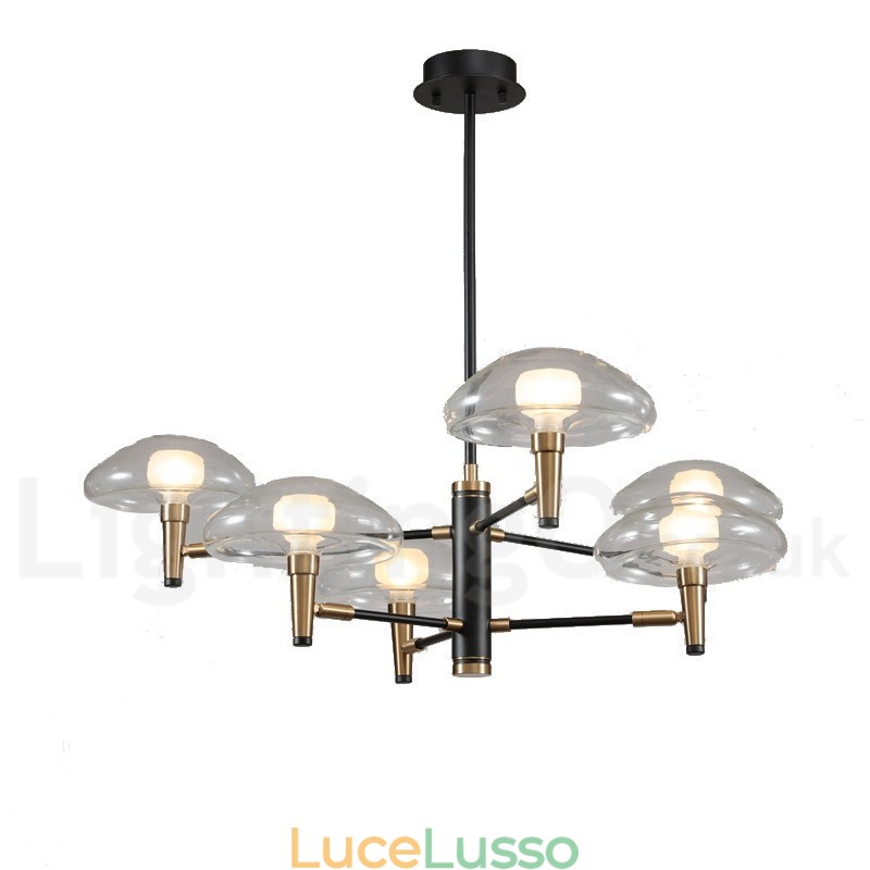 Lampadario a 6 luci con finitura verniciata elettrolitica e paralumi in vetro