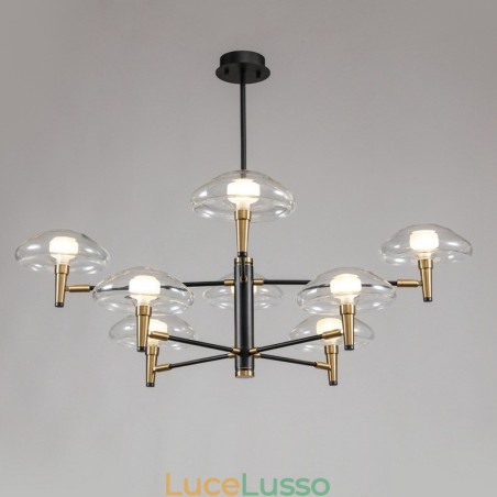 Lampadario a 8 luci con finitura verniciata elettrolitica e paralumi in vetro Lampadario a 8 luci con finitura verniciata elettrolitica e paralumi in vetro