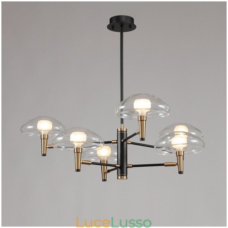 Lampadario a 8 luci con finitura verniciata elettrolitica e paralumi in vetro