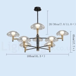 Lampadario a 8 luci con finitura verniciata elettrolitica e paralumi in vetro