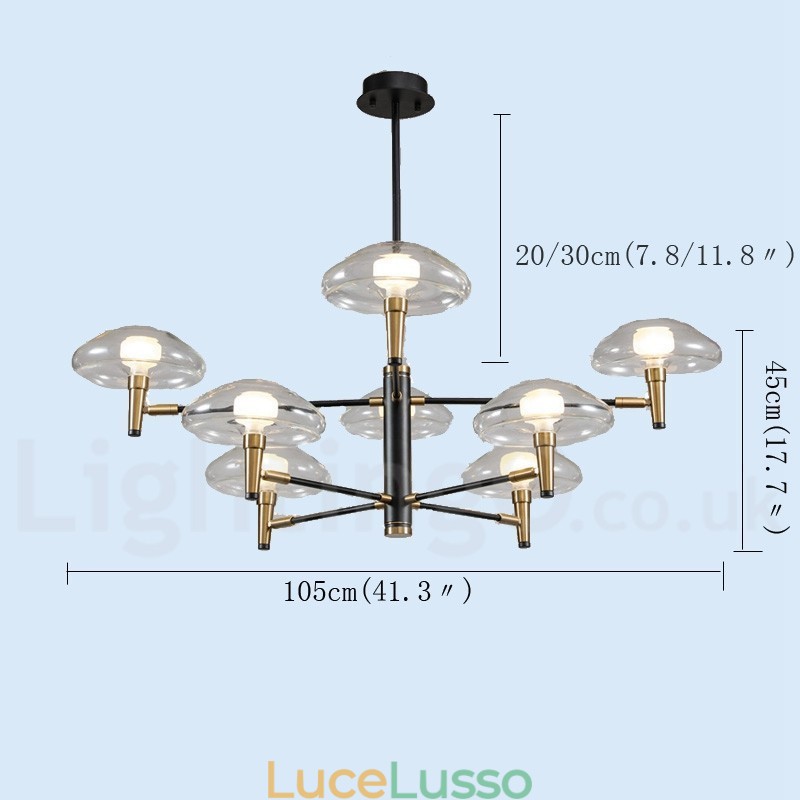 Lampadario a 8 luci con finitura verniciata elettrolitica e paralumi in vetro